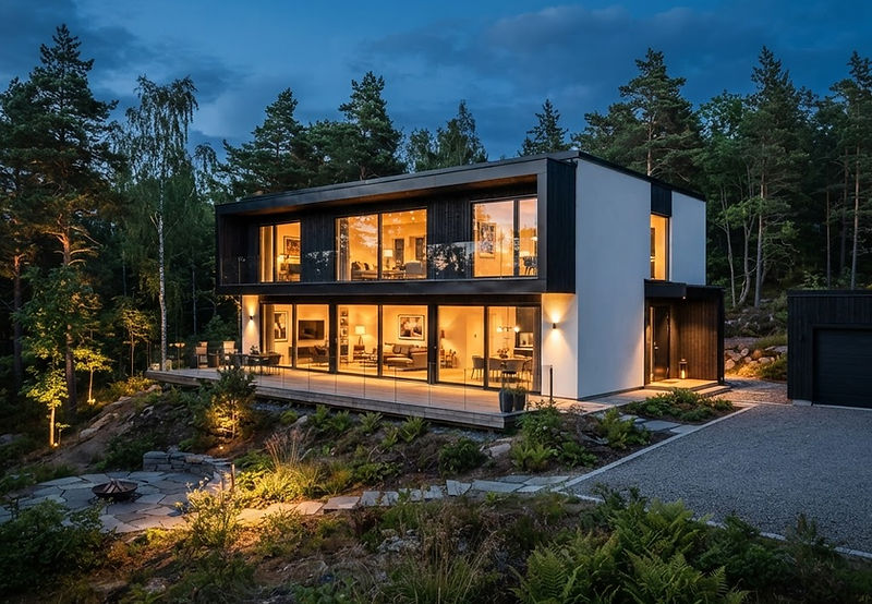 Modernt svenskt bostadshus i skymningsljus