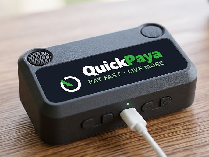 QuickPaya SoundBox product shot on wooden desk