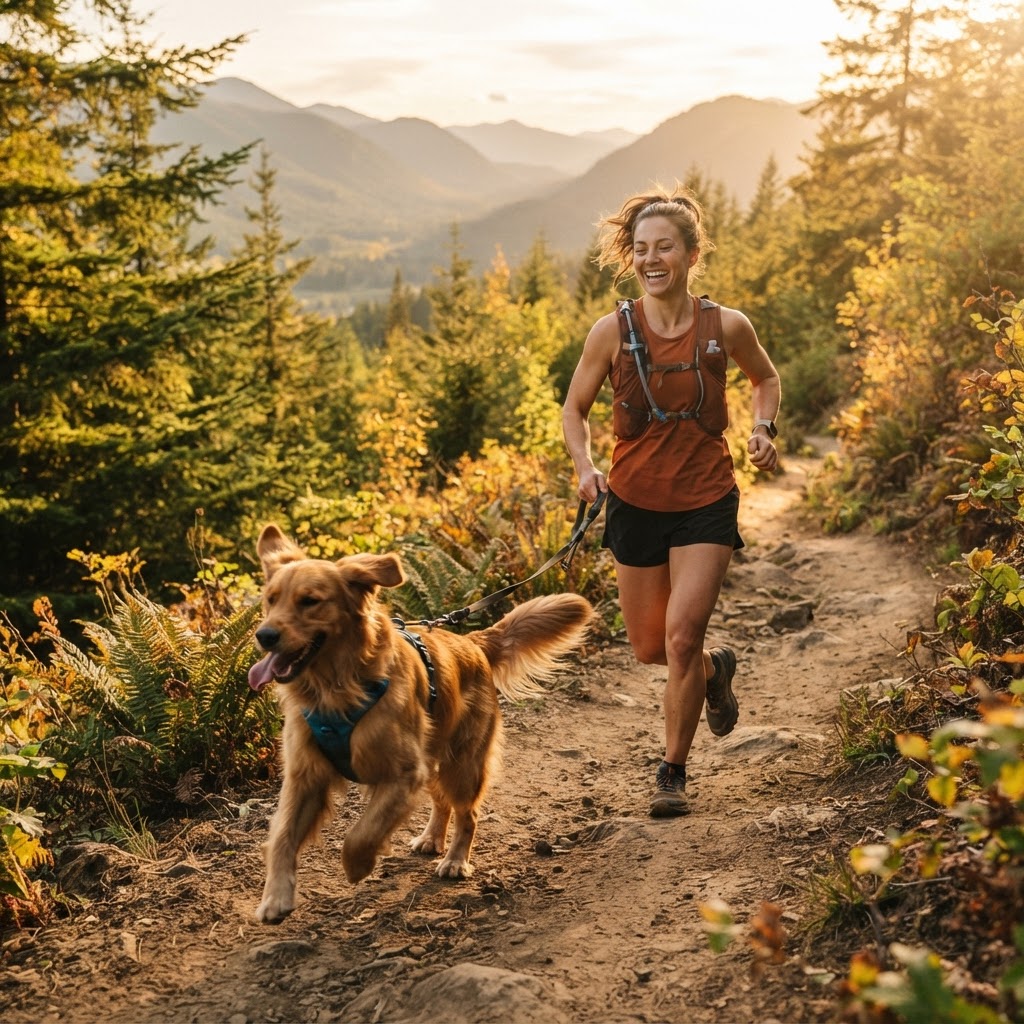 A happy dog running outdoors