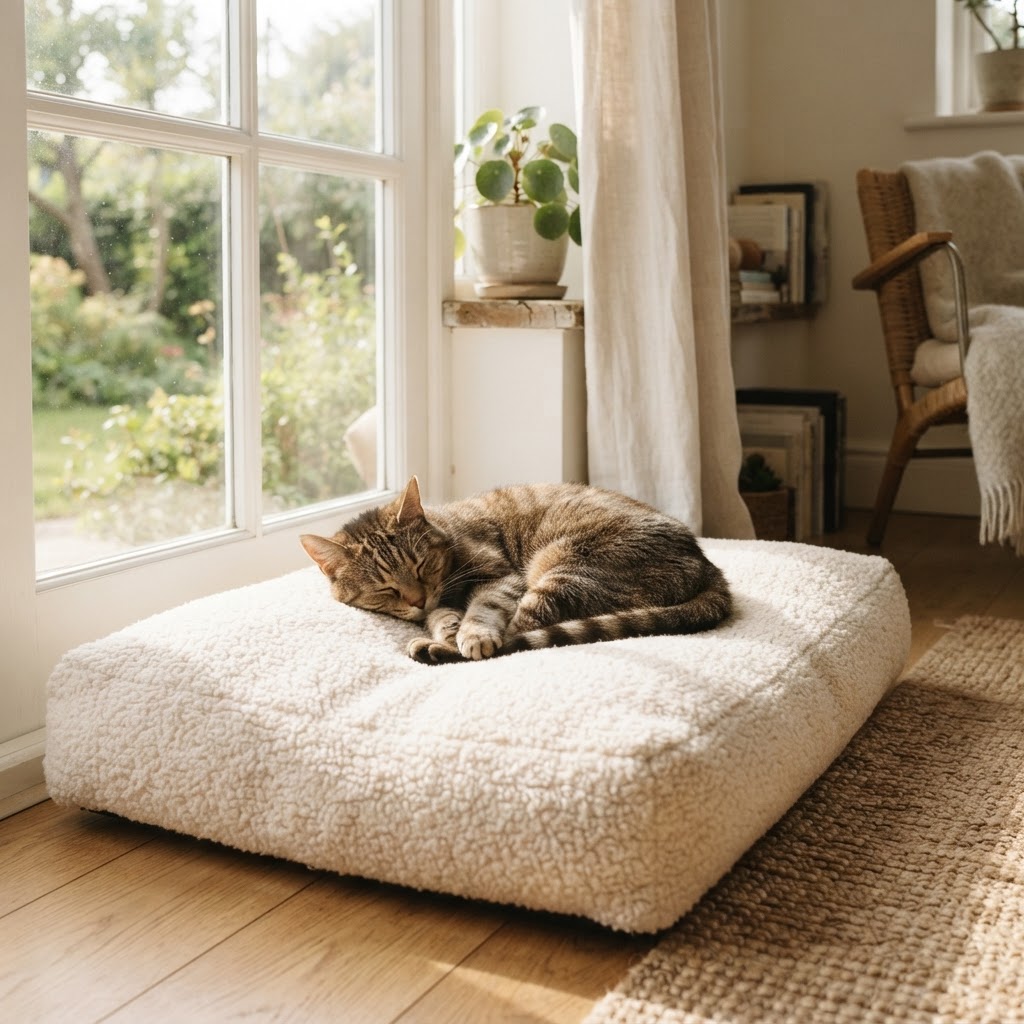 A cat lounging on a plush bed