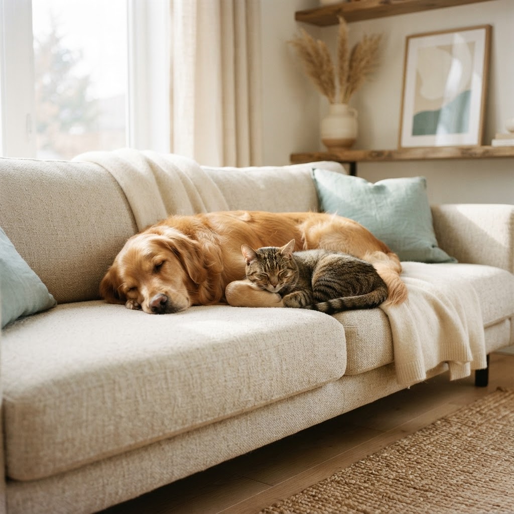 A happy dog and cat resting together in a sunlit home