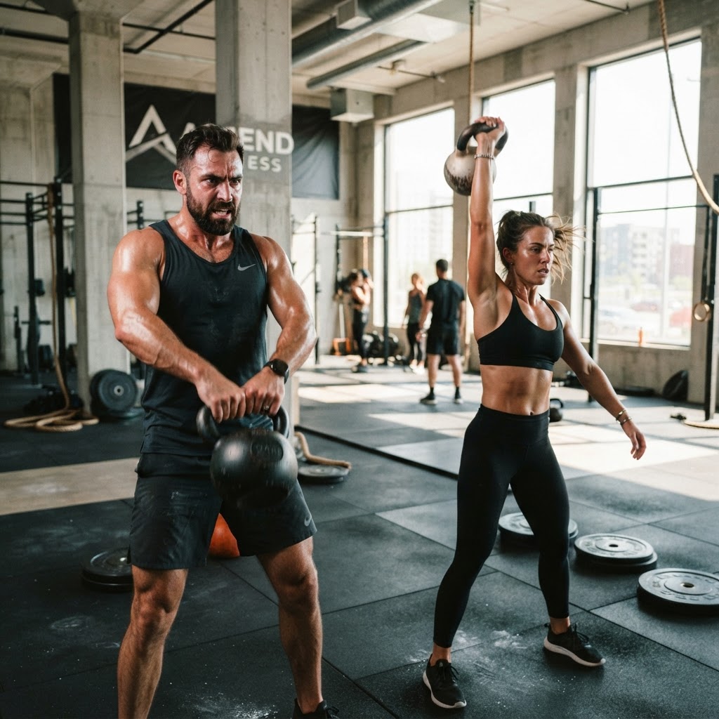 Athletes training with kettlebells