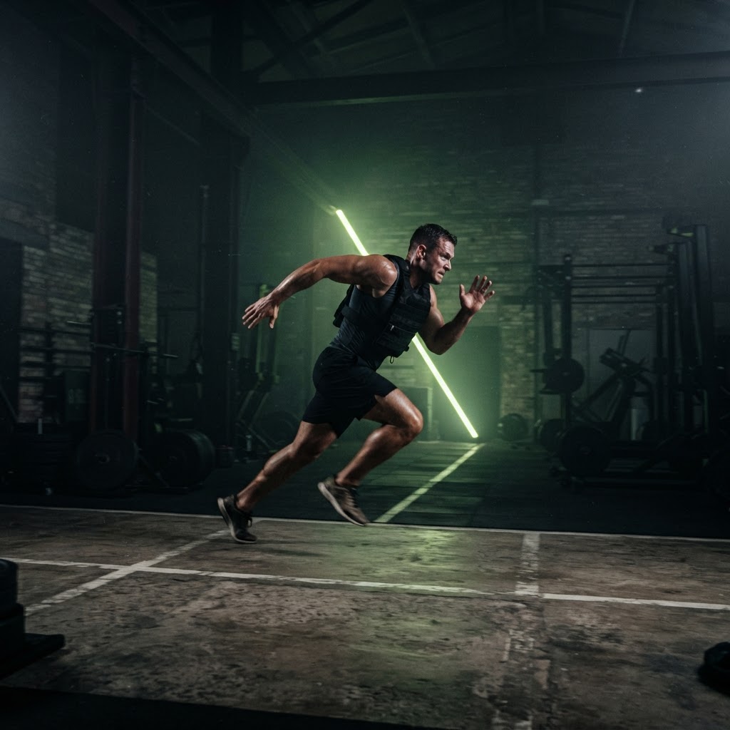 An athlete training hard in a dark industrial gym