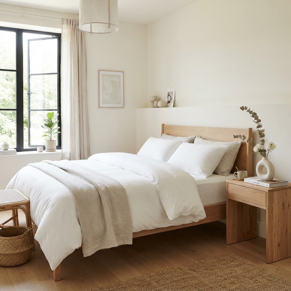 A calm, styled bedroom