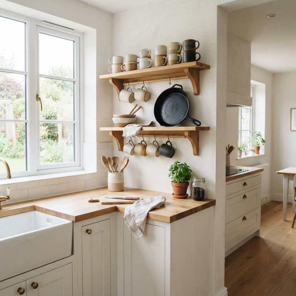 A styled kitchen with open shelves