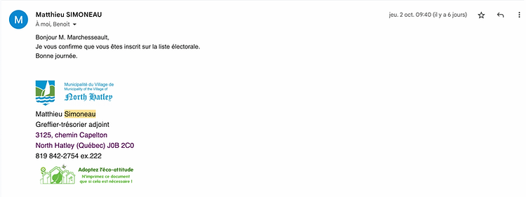 Courriel de M. Matthieu Simoneau confirmant l'inscription de M. Marchesseault sur la liste électorale