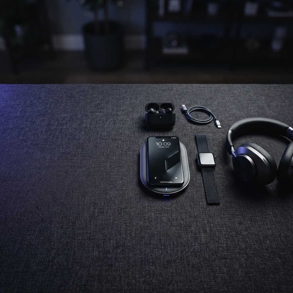 A flat lay of modern tech gadgets on a dark surface