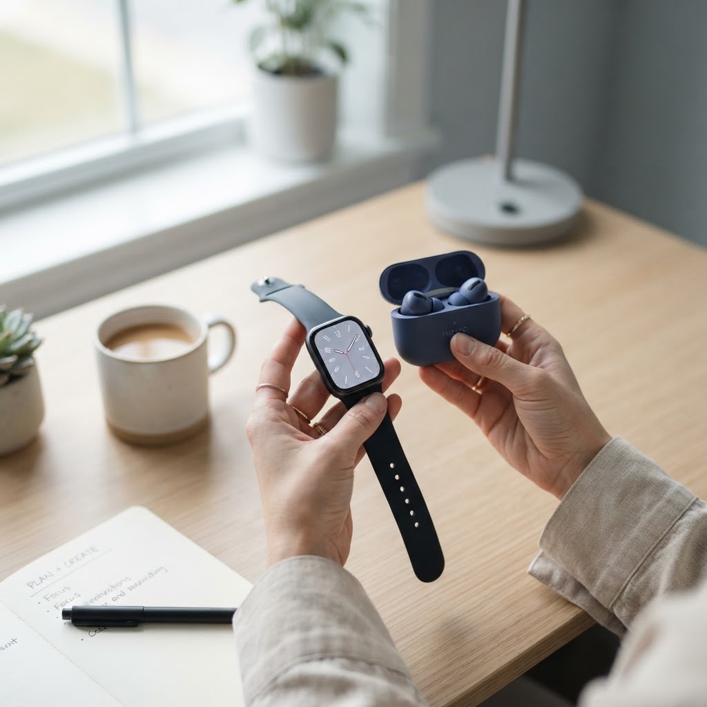 Hands holding a smartwatch and earbuds