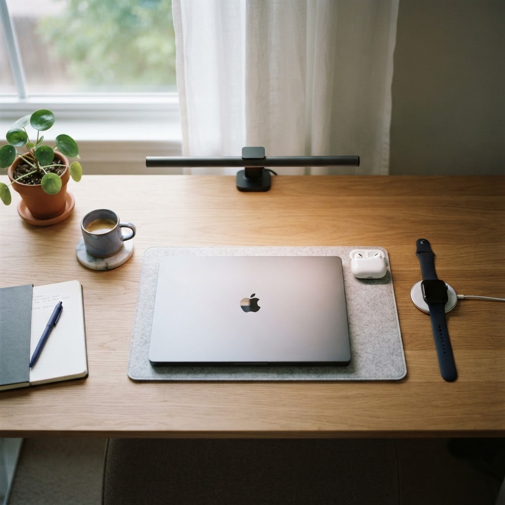 A clean modern desk with tech gadgets