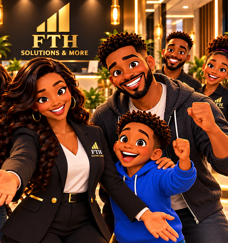 An animated FTH Solutions and More team welcoming visitors in a gold-accented office