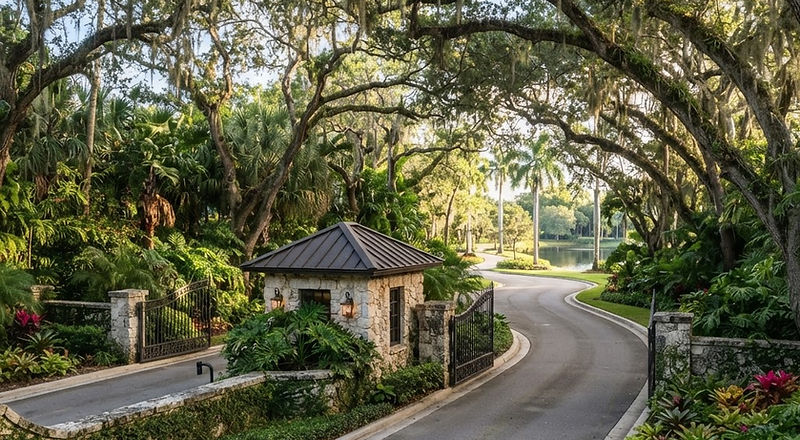 Illustrative rendering, not a photograph of the community: a gated entrance under mature oak trees with a lake beyond, in Coral Gables.
