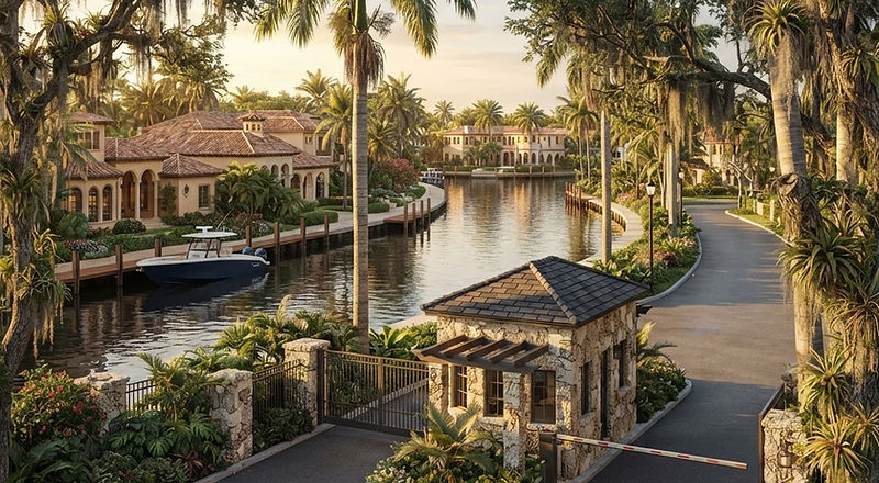 Illustrative rendering, not a photograph of the community: a guardhouse and barrier at the entrance to a canal-front Coral Gables neighborhood, with estate homes and private docks along the water.