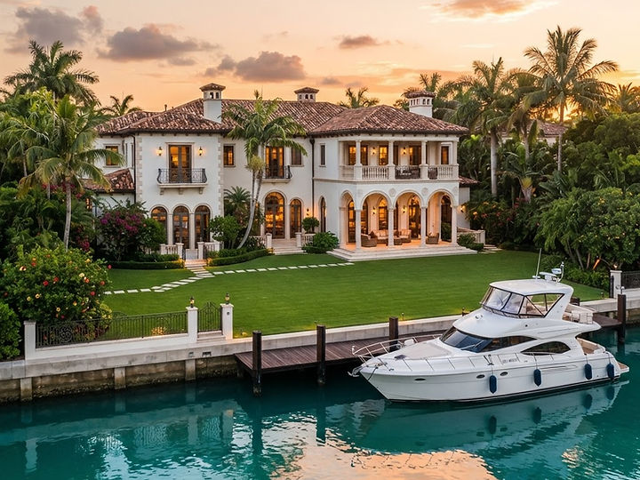 Miami waterfront estate at golden hour