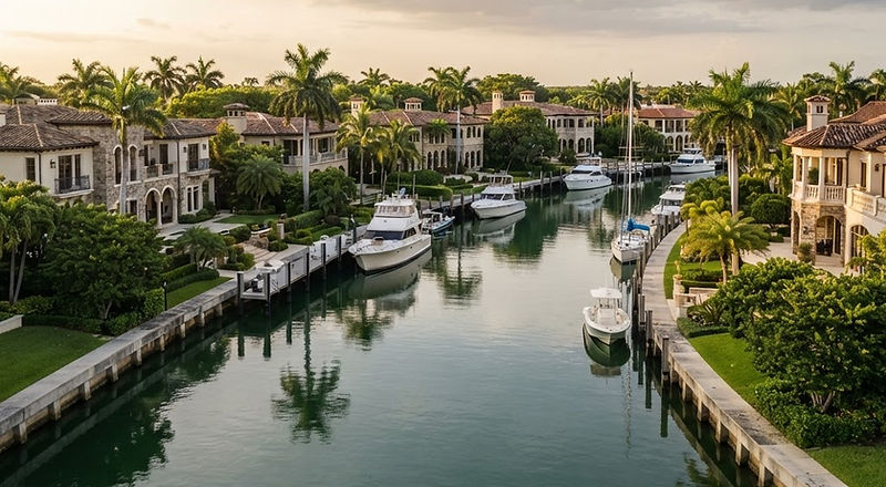 Illustrative rendering, not a photograph of the community: waterfront estate homes and private docks along a calm waterway in Coral Gables.