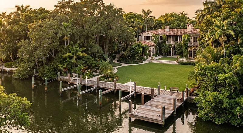 Illustrative rendering, not a photograph of the community: a small private marina and dock on a canal beneath a dense tropical canopy in Coral Gables.
