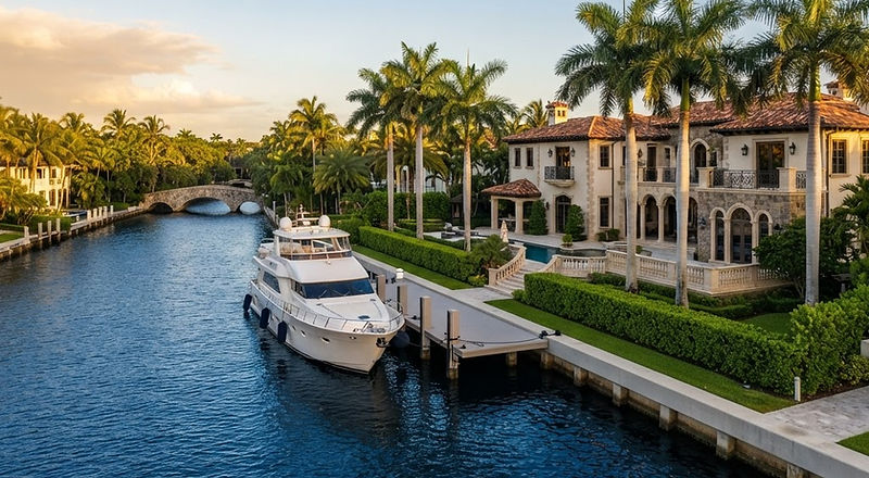 Illustrative rendering, not a photograph of the community: a wide sea-walled canal with a yacht at a private dock behind a Mediterranean waterfront estate in Coral Gables.