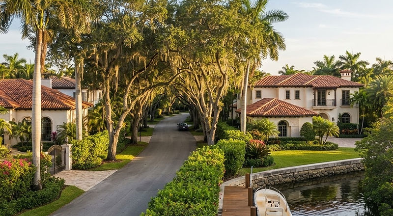 Illustrative rendering, not a photograph of the community: tree-lined streets of canal-front estate homes with a private dock in Coral Gables.