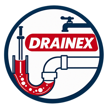 Drainex Plumbing circular badge with a tap and drainpipe