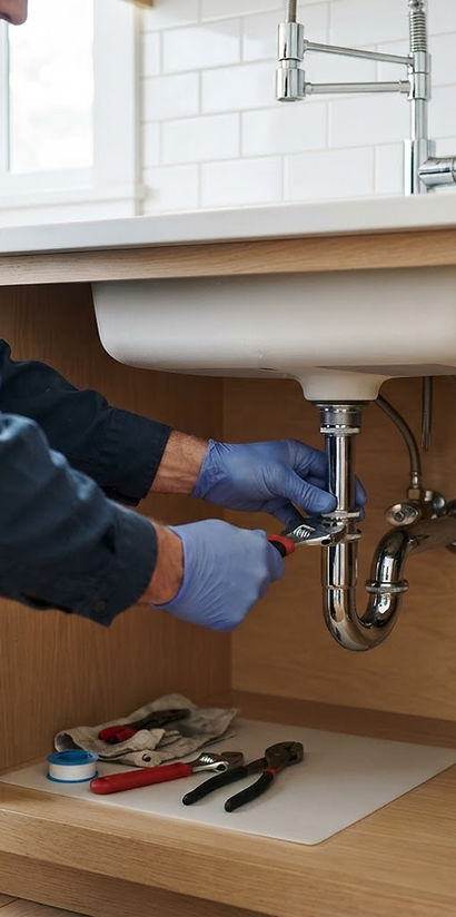 Drain trap and water supply connections beneath a kitchen sink