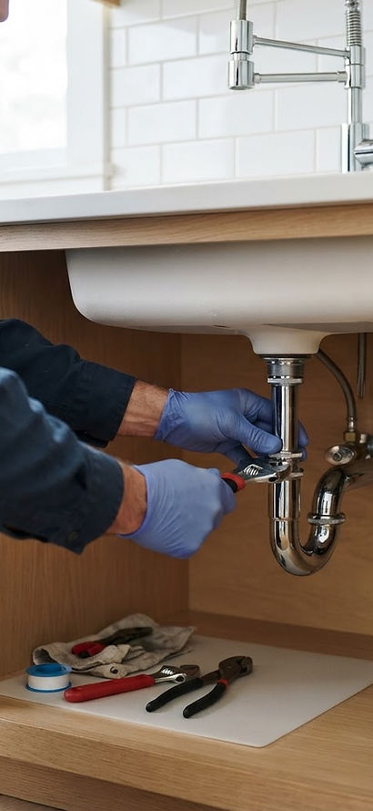 Drain trap and water supply connections beneath a kitchen sink