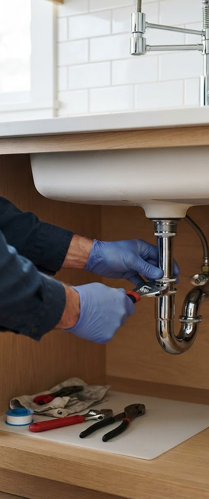 Drain trap and water supply connections beneath a kitchen sink