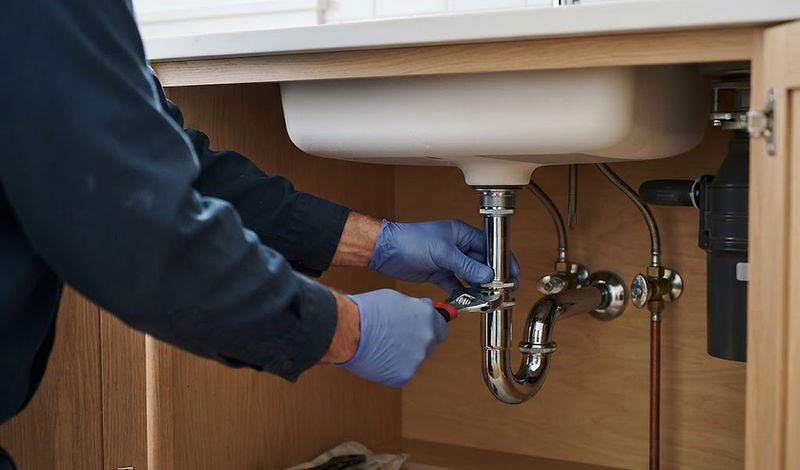 Plumbing beneath a kitchen sink