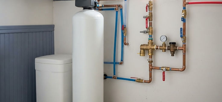 Water softener and brine tank in a residential utility room