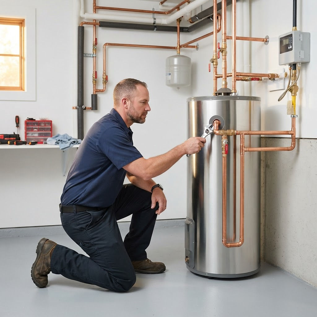 Technician servicing a water heater