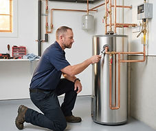 Technician inspecting residential water heater connections