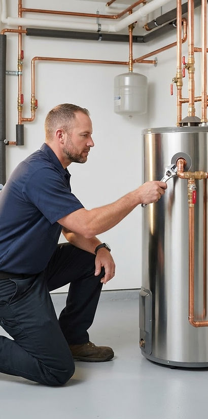 Technician inspecting residential water heater connections