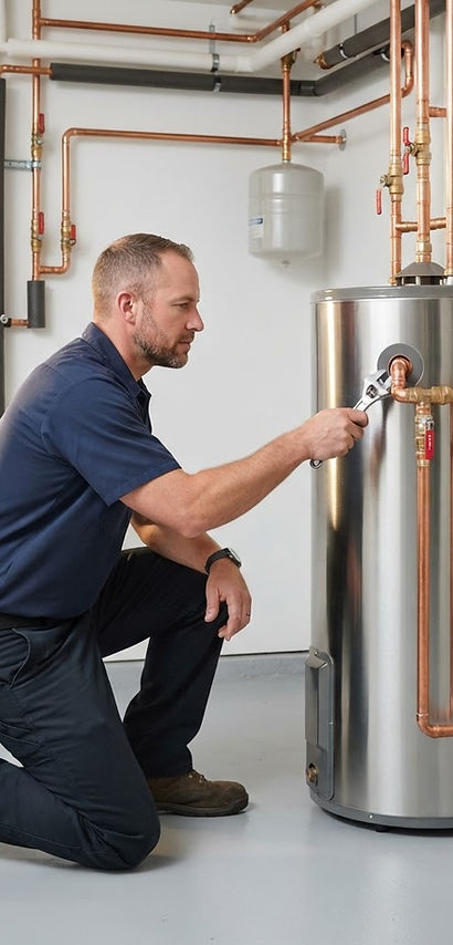 Technician inspecting residential water heater connections