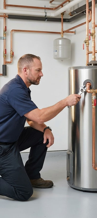 Technician inspecting residential water heater connections
