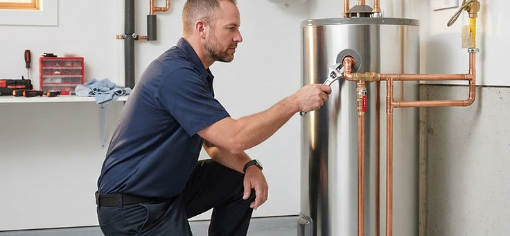 Technician inspecting residential water heater connections