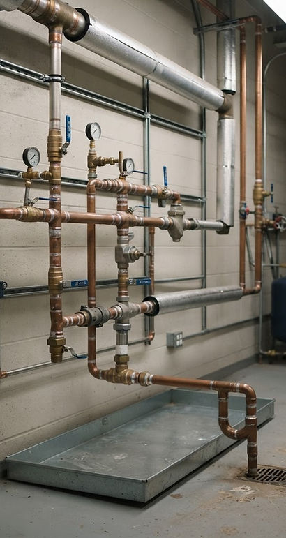 Water supply pipes and shutoff valves in a utility room