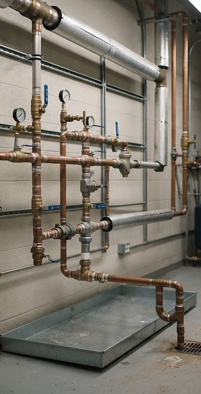 Water supply pipes and shutoff valves in a utility room