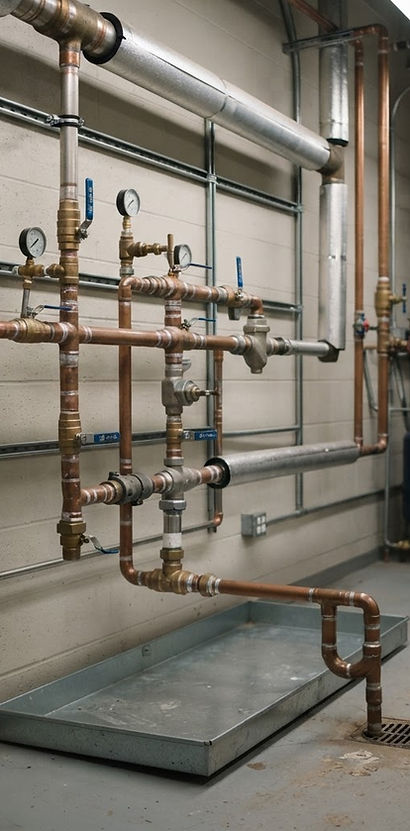 Water supply pipes and shutoff valves in a utility room