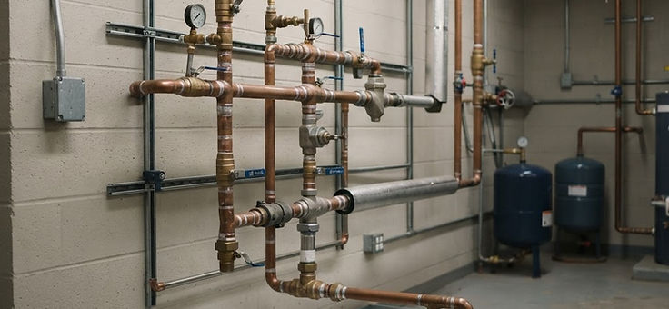 Water supply pipes and shutoff valves in a utility room