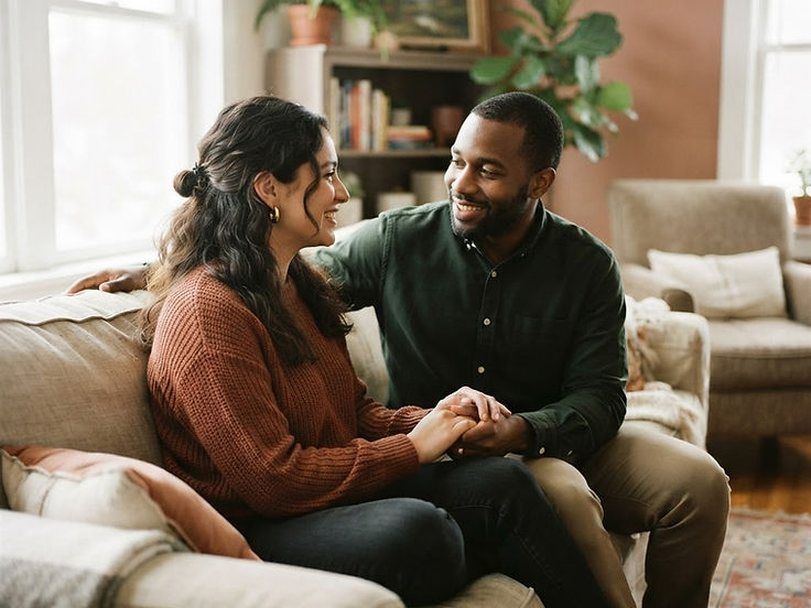 Una pareja diversa sentada junta en una habitación tranquila y soleada