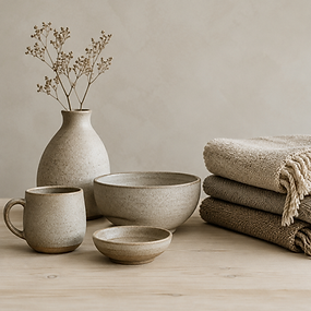 Handmade ceramics and woven textiles