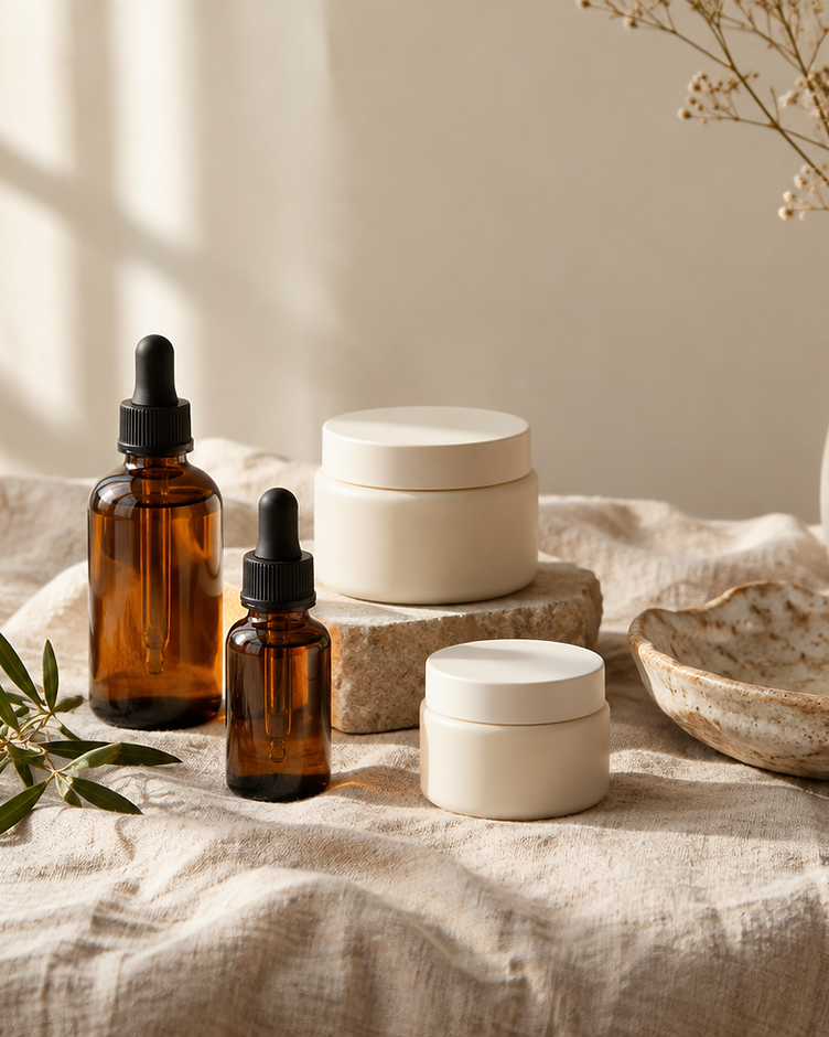 Amber glass skincare bottles and jars on linen
