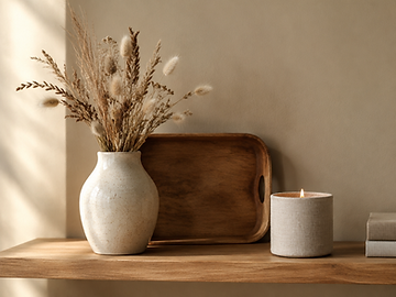 Ceramic vase and wooden tray on a shelf