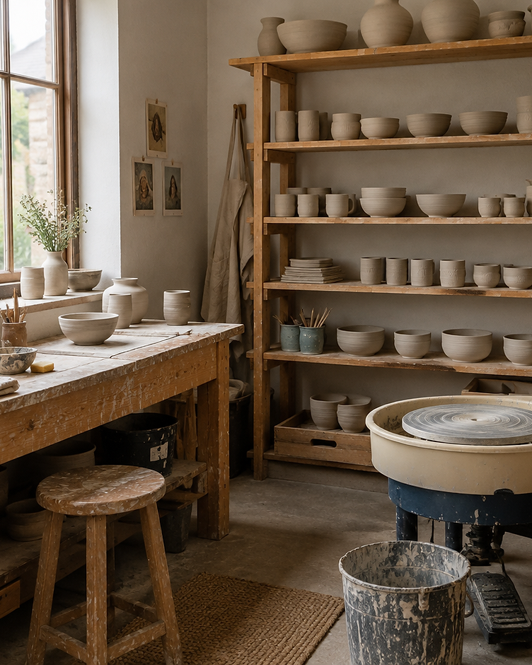 Independent ceramics workshop with a potter's wheel and drying pieces