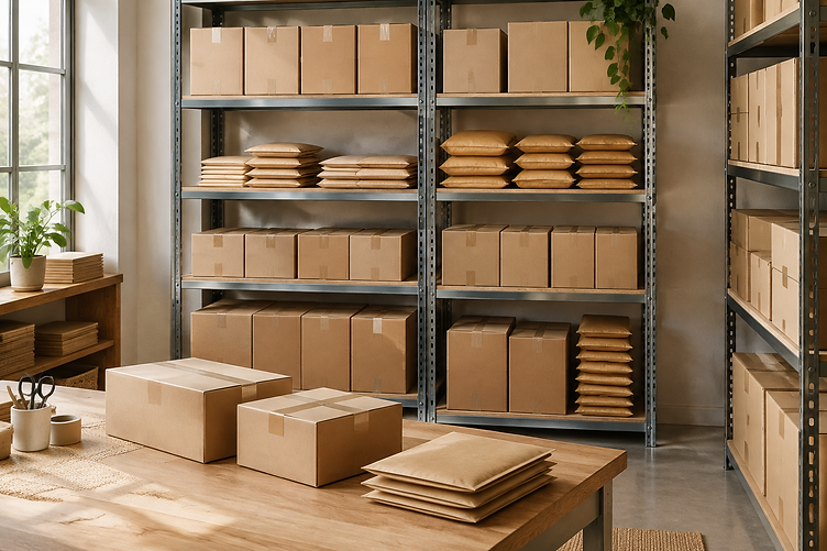 Orderly parcels on fulfilment shelving