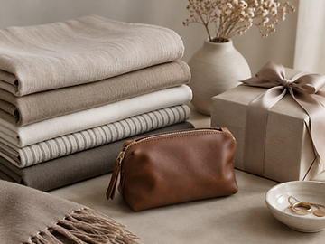Folded linen textiles and a gift box