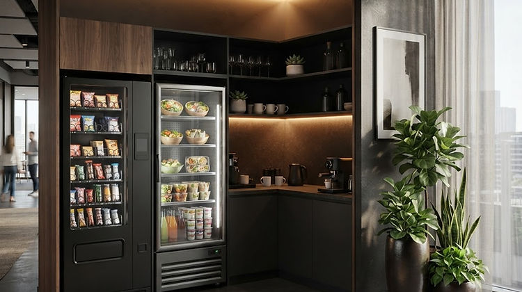 Energiezuinige vendingmachine en smart fridge in een moderne bedrijfspantry