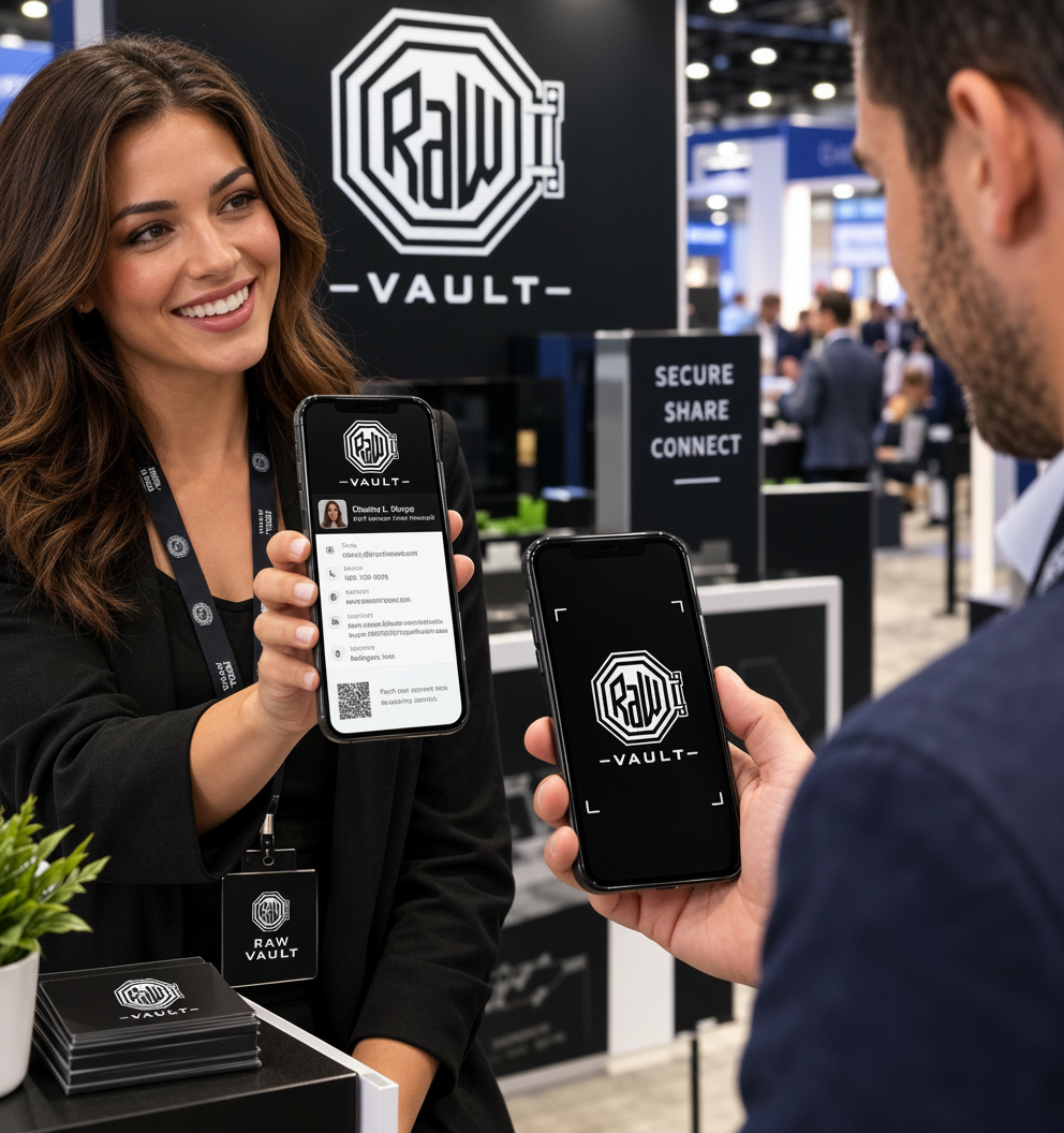 Two people at the Raw Vault booth sharing a Raw Vault profile on their phones beside the branded booth sign