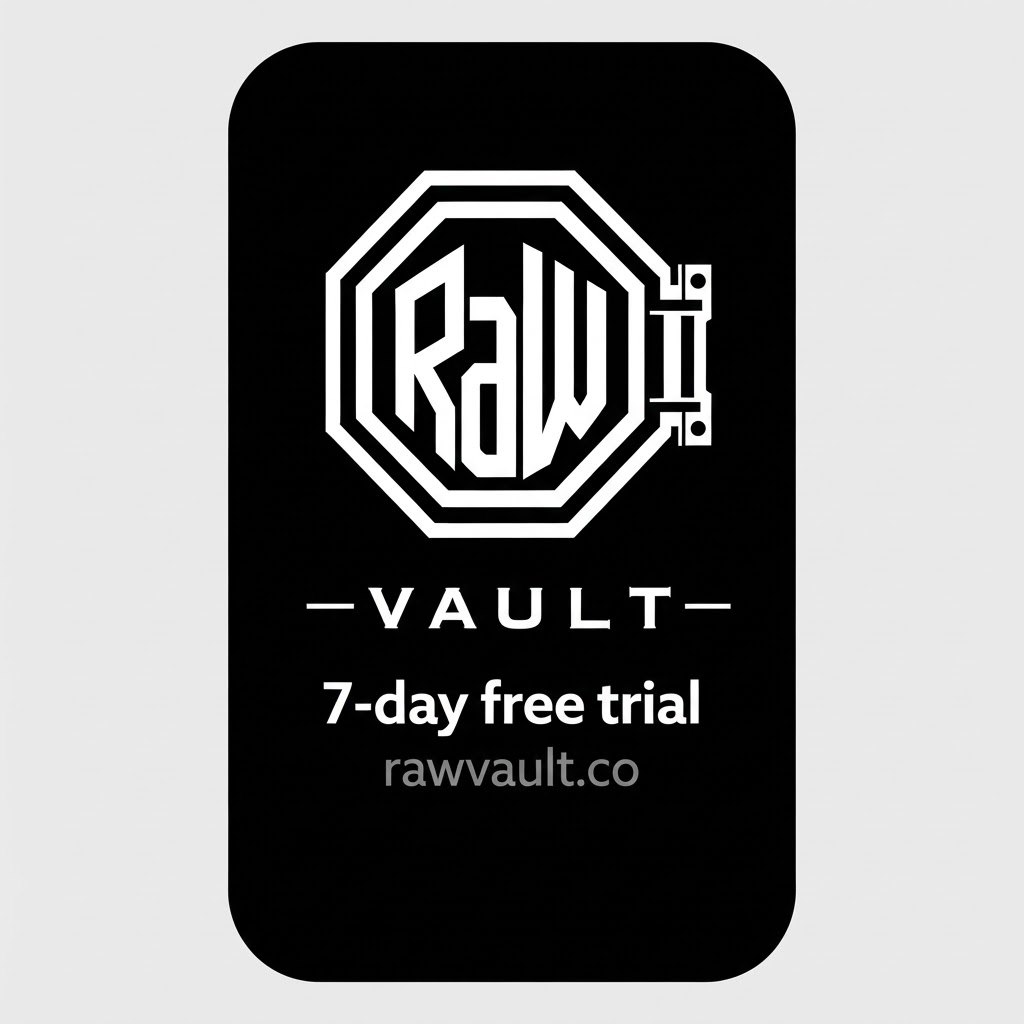 The Raw Vault mark with the seven-day free trial offer and the rawvault.co address