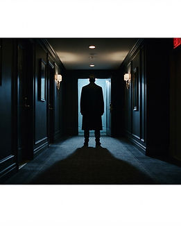A faceless male figure in a dark coat watching from the end of a dim high-rise hallway, backlit by cold blue light
