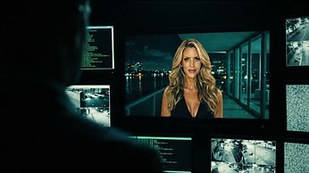 A faceless watcher's silhouette in front of a wall of surveillance monitors, one showing Paige inside her glass-walled condo