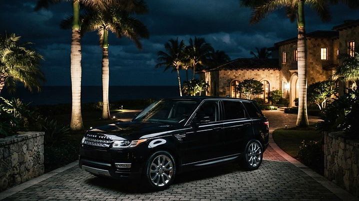 A black Range Rover Sport parked at night on a palm-lined driveway of an upscale Palm Beach oceanfront residence